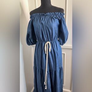 NWOT Denim Peasant Dress with Decorative Rope Tie